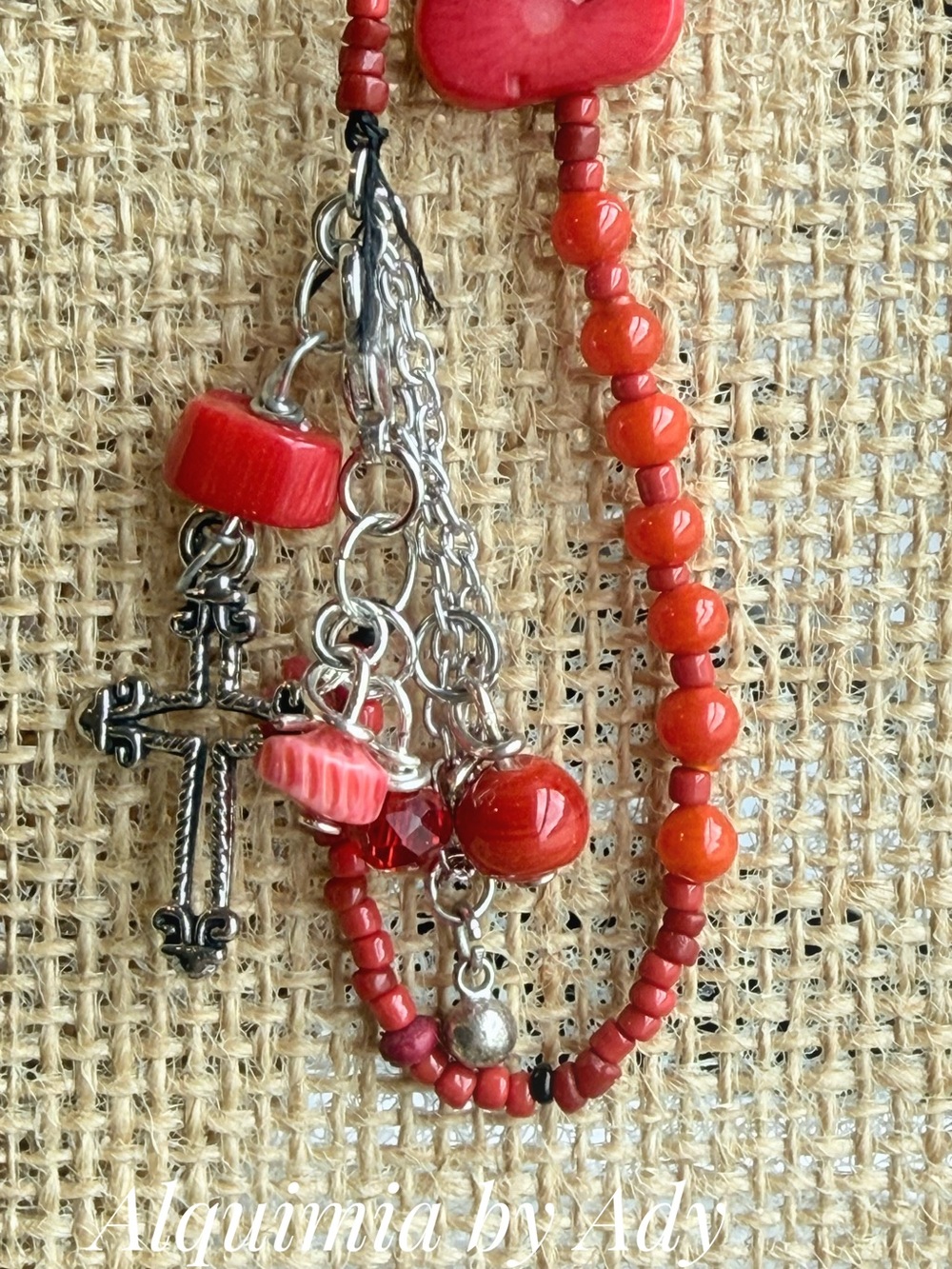 Red coral 🪸 Beaded Bracelet with Silver Cross and Charm Cluster
